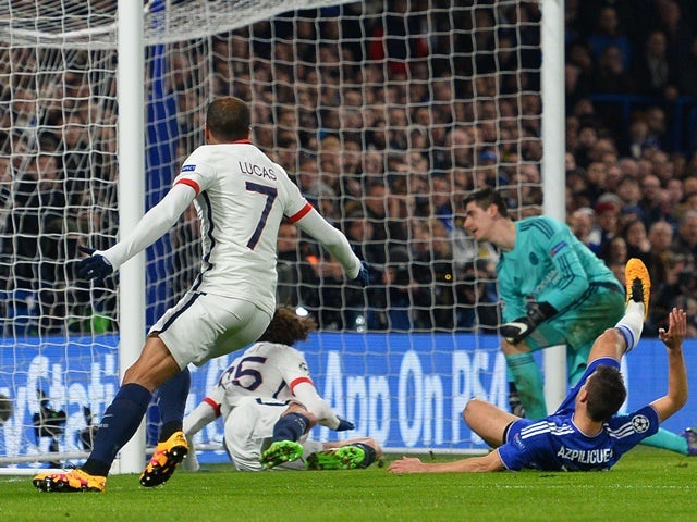Adrien Rabiot scores the opening goal in the Champions League round of 16 second leg between Chelsea and Paris Saint-Germain on March 9, 2016