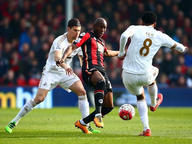 Benik Afobe and Federico Fernandez in action during the Premier League game between Bournemouth and Swansea City on March 12, 2016
