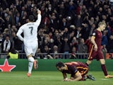 Cristiano Ronaldo scores during the Champions League game between Real Madrid and Roma on March 8, 2016