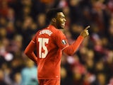 Daniel Sturridge celebrates scoring from the penalty spot during the Europa League game between Liverpool and Manchester United on March 10, 2016