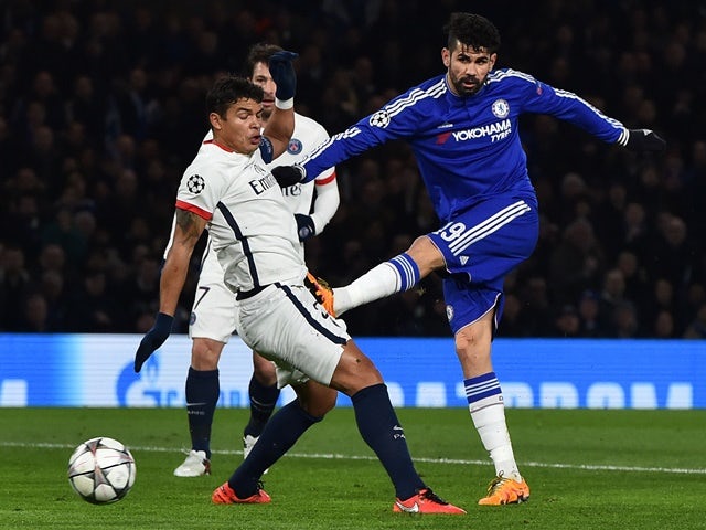 Diego Costa scores to equalise in the Champions League round of 16 second leg between Chelsea and Paris Saint-Germain on March 9, 2016