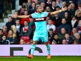Dimitri Payet celebrates scoring during the FA Cup game between Manchester United and West Ham United on March 13, 2016