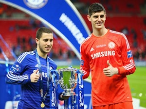 Eden Hazard and Thibaut Courtois pose with the League Cup trophy in March 2015