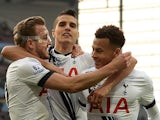 Harry Kane celebrates scoring the second with Erik Lamela and Dele Alli during the Premier League game between Aston Villa and Tottenham Hotspur on March 13, 2016