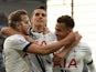 Harry Kane celebrates scoring the second with Erik Lamela and Dele Alli during the Premier League game between Aston Villa and Tottenham Hotspur on March 13, 2016