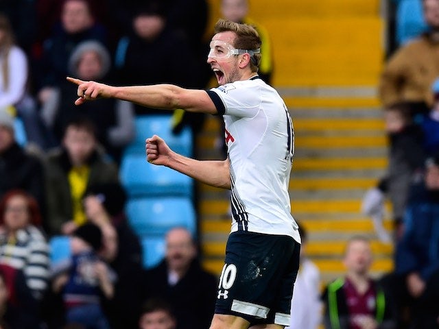 Harry Kane celebrates scoring during the Premier League game between Aston Villa and Tottenham Hotspur on March 13, 2016