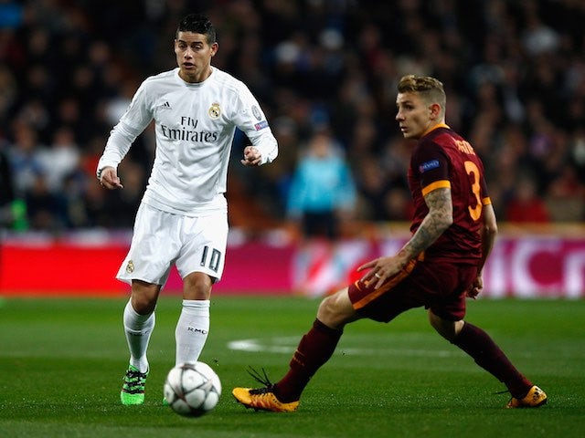 James Rodriguez and Lucas Digne are dumbfounded during the Champions League game between Real Madrid and Roma on March 8, 2016