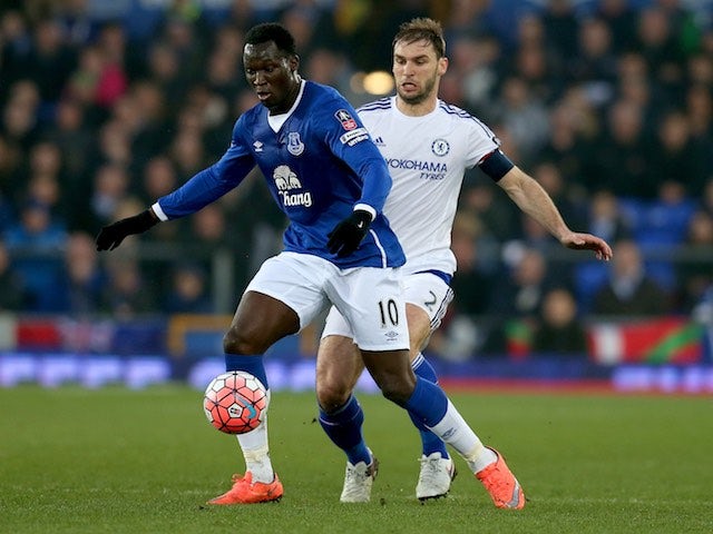Romelu Lukaku and Branislas Ivanovic in action during the FA Cup game between Everton and Chelsea on March 12, 2016