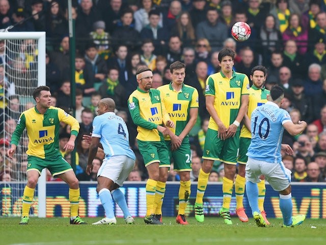 Sergio Aguero takes a free kick during the Premier League game between Norwich City and Manchester City on March 12, 2016