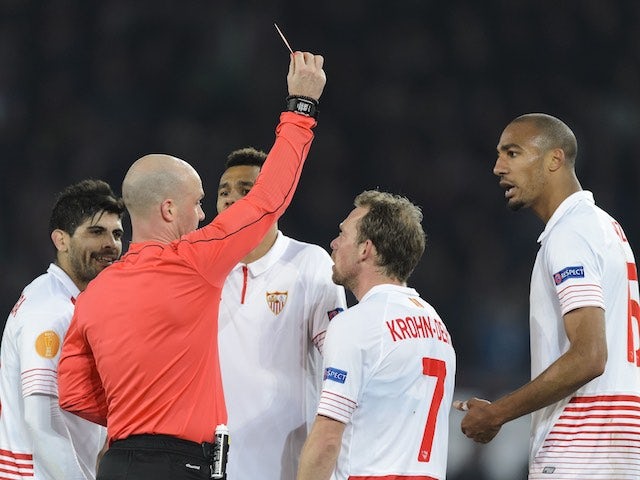 Steven N'Zonzi sees red during the Europa League game between Basel and Sevilla on March 10, 2016