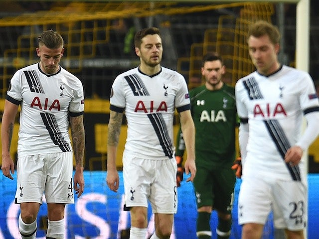 Dejected Tottenham Hotspur players during the Europa League last-16 first leg against Borussia Dortmund on March 10, 2016