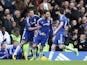 Cesc Fabregas celebrates the equaliser during the Premier League game between Chelsea and West Ham United on March 19, 2016