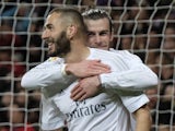 Gareth Bale embraces Karim Benzema during the La Liga game between Real Madrid and Seville on March 20, 2016