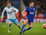 Jack Colback and Danny Drinkwater in action during the Premier League game between Leicester City and Newcastle United on March 14, 2016