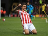 Joselu celebrates scoring during the Premier League match between Watford and Stoke City on March 19, 2016