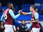 Manuel Lanzini celebrates scoring with Diafra Sakho during the Premier League game between Chelsea and West Ham United on March 19, 2016