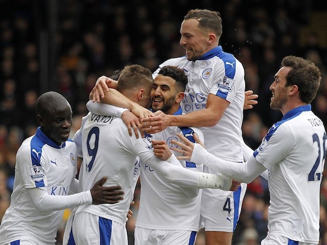 Riyad Mahrez celebrates scoring with teammates during the Premier League game between Crystal Palace and Leicester City on March 19, 2016