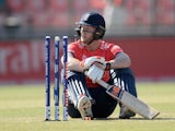 Ben Stokes slumps to the floor after being bowled out during the World Twenty20 match between England and Afghanistan on March 23, 2016