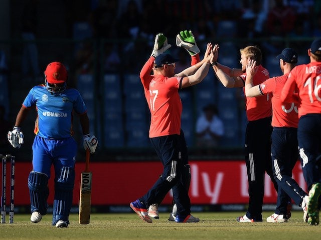 David Willey celebrates taking the wicket of Mohammad Shahzad during the World Twenty20 between England and Afghanistan on March 23, 2016