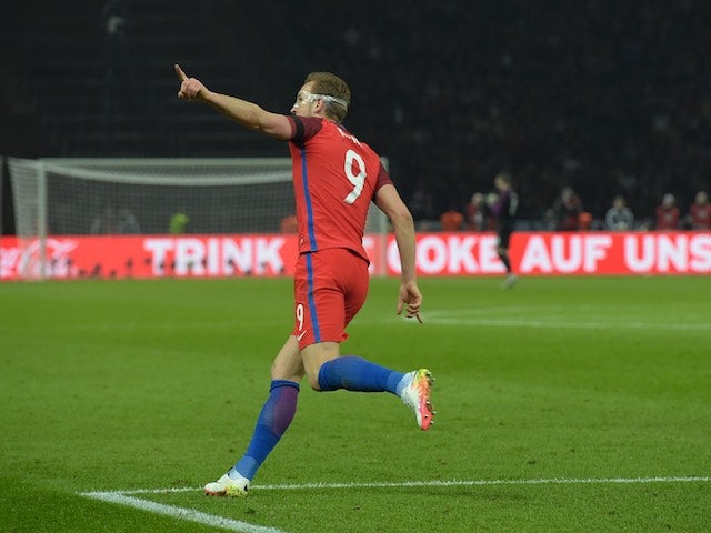 Harry Kane celebrates pulling one back during the international friendly between Germany and England on March 26, 2016