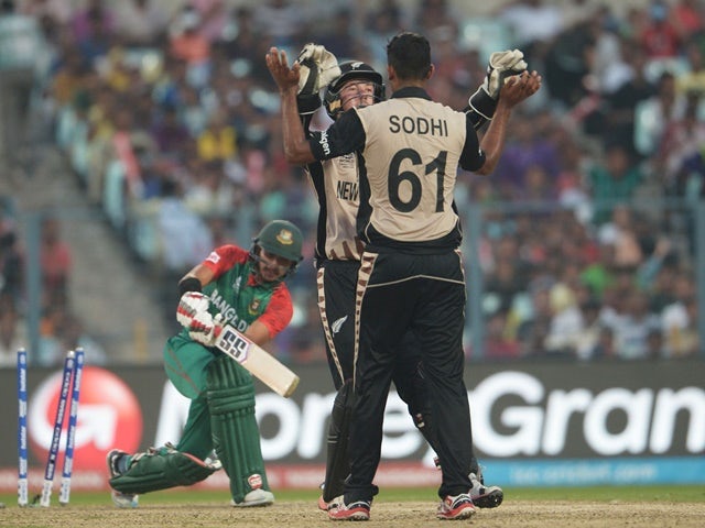 New Zealand's Ish Sodhi celebrates after the dismissal of Bangladesh's Soumya Sarkar on March 26, 2016