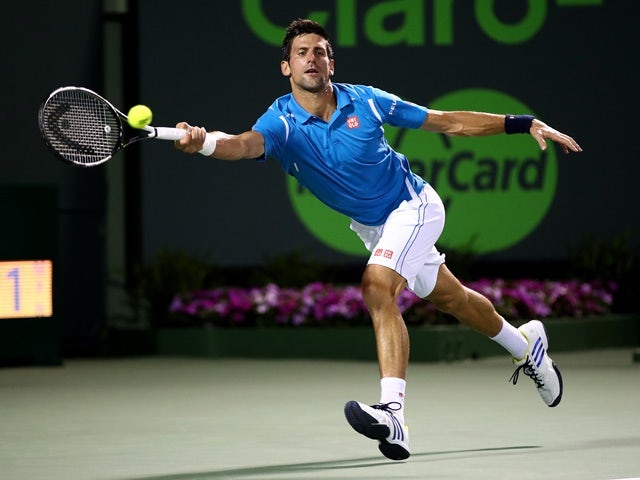 Novak Djokovic in action against Kyle Edmund at the Miami Open on March 26, 2016