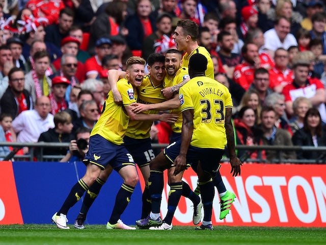 Callum O'Dowda celebrates scoring during the League Trophy final between Oxford United and Barnsley on April 3, 2016