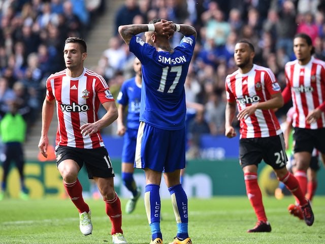 Danny Simpson reacts after missing a shot during the Premier League match between Leicester City and Southampton on April 3, 2016