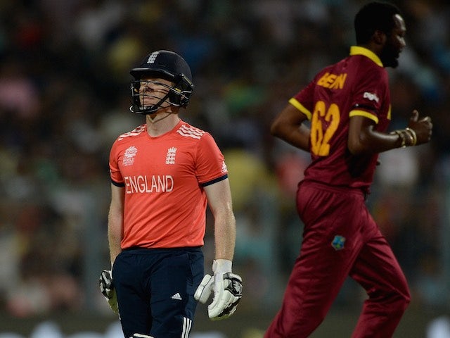 Eoin Morgan is third to fall during the World Twenty20 final between England and the West Indies at Eden Gardens on April 3, 2016