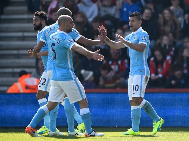 Sergio Aguero celebrates scoring during the Premier League match between Bournemouth and Manchester City on April 2, 2016