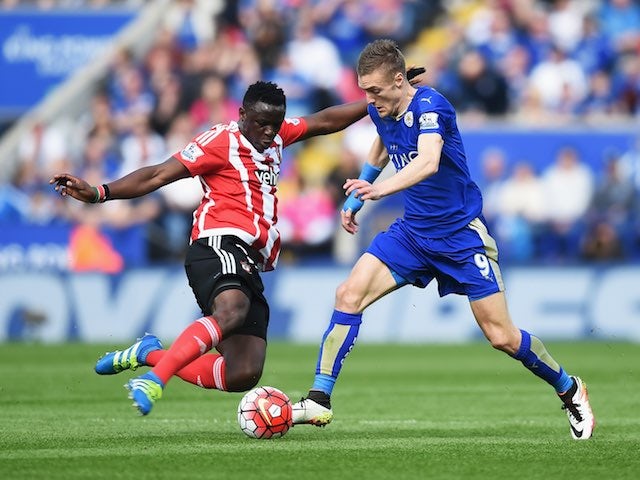 Victor Wanyama tackles Jamie Vardy during the Premier League match between Leicester City and Southampton on April 3, 2016