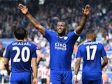 Wes Morgan celebrates scoring the opener during the Premier League match between Leicester City and Southampton on April 3, 2016