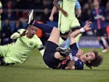 David Luiz takes a wee tumble during the Champions League quarter-final between Paris Saint-Germain and Manchester City on April 6, 2016