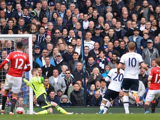 Dele Alli shoots to score the opener during the Premier League game between Tottenham Hotspur and Manchester United on April 10, 2016