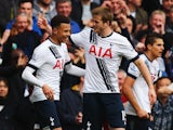 Eric 'razor' Dier congratulates Dele Alli during the Premier League game between Tottenham Hotspur and Manchester United on April 10, 2016