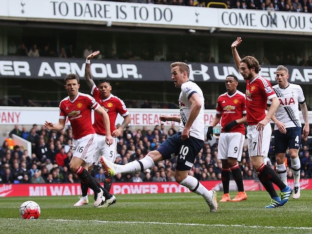 Harry Kane takes a shot during the Premier League game between Tottenham Hotspur and Manchester United on April 10, 2016