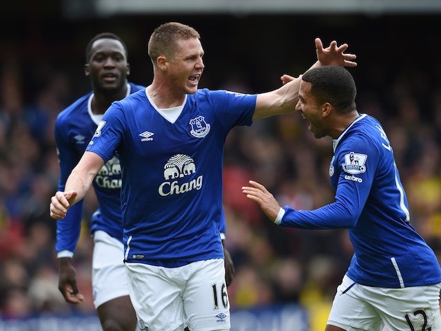 James McCarthy and Aaron Lennon celebrate during the Premier League game between Watford and Everton on April 9, 2016