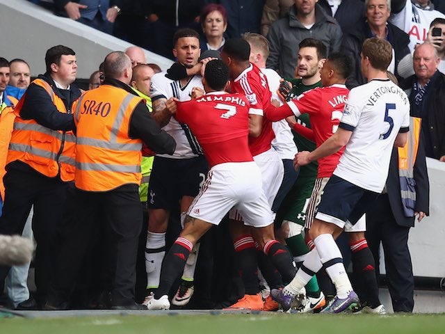Kyle Walker and Mephis Depay square up during the Premier League game between Tottenham Hotspur and Manchester United on April 10, 2016