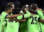 City players celebrate their equaliser during the Champions League quarter-final between Paris Saint-Germain and Manchester City on April 6, 2016