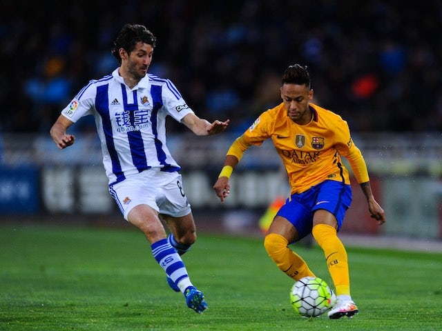 Neymar and Esteban Granero in actione during the La Liga game between Real Sociedad and Barcelona on April 9, 2016
