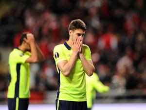 Nikola Vukcevic misses an opportunity and reacts by covering his mouth with both hands while wearing a fluorescent shirt during the Europa League quarter-final between Braga and Shakhtar Donetsk on April 7, 2016