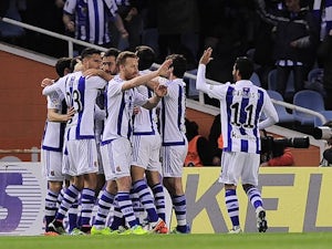 Real Sociedad players celebrate taking the advantage during the La Liga game between Real Sociedad and Barcelona on April 9, 2016