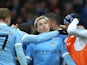 Samir Nasri is strangled by teammates after scoring during the Premier League game between Manchester City and West Bromwich Albion on April 9, 2016