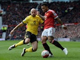 Alan Hutton and Memphis 'who ate all' Depay in action during the Premier League game between Manchester United and Aston Villa on April 16, 2016