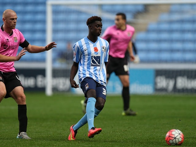 Bassala Sambou of Coventry City plays the ball during the Emirates FA Cup first-round match against Northampton Town at Ricoh Arena on November 7, 2015