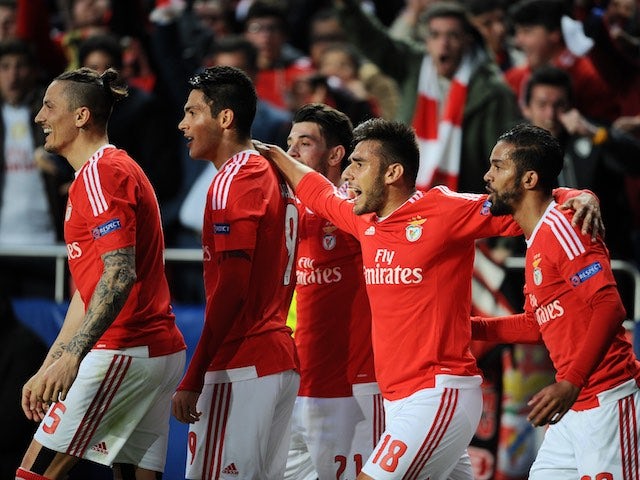 BENFICA players celebrate their goal during the Champions League quarter-final between Benfica and Bayern Munich on April 13, 2016