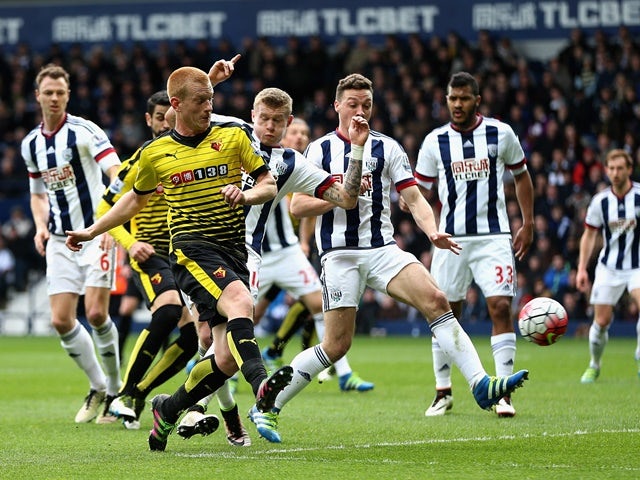 Ben Watson opens the scoring in the Premier League match between West Bromwich Albion and Watford on April 16, 2016