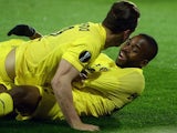 Cedric Bakambu and Roberto Soldado get into the missionary position after scoring during the Europa League quarter-final between Sparta Prague and Villarreal on April 14, 2016