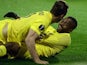 Cedric Bakambu and Roberto Soldado get into the missionary position after scoring during the Europa League quarter-final between Sparta Prague and Villarreal on April 14, 2016