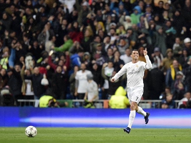 Cristiano Ronaldo celebrates scoring a goal during the Champions League quarter-final between Real Madrid and Wolfsburg on April 12, 2016
